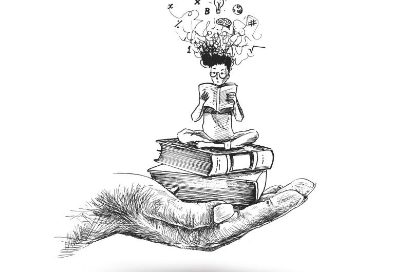 Hand hold Stack of books genius boy, Hand Drawn Sketch Vector illustration.