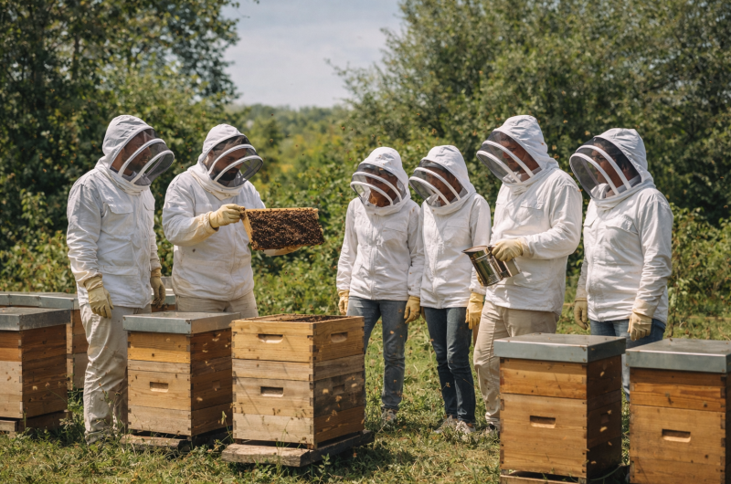 Apiculteurs-autour-des-ruches-en-plein-air