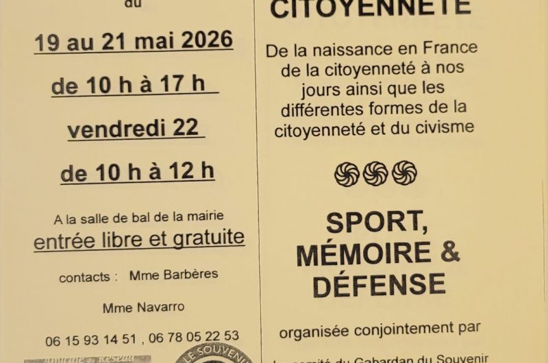 Gabarret – Expositions La Citoyenneté & Sport, Mémoire et Défense – 19 au 21 Mai