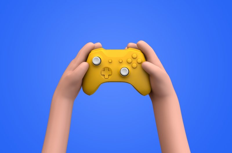 Cartoon style hands holding a video game controller. 3D Rendering